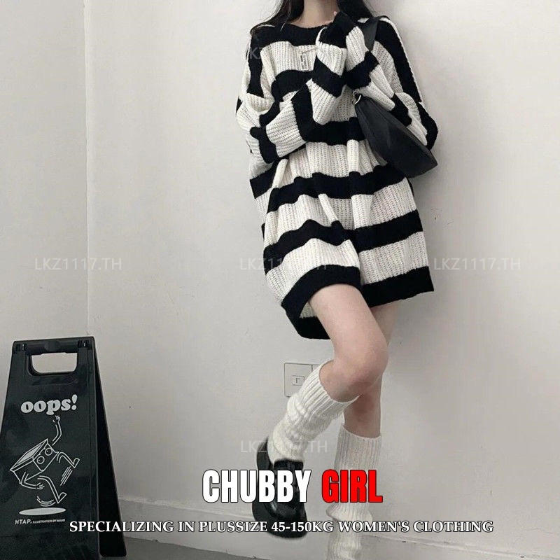 Chubby GirL เสื้อไหมพรมสาวอวบไซส์ใหญ่ผู้หญิงเสื้อถักลายทางแขนยาวหลวมคอกลมฤดูใบไม้ร่วงและฤดูหนาวแฟชั่นสไตล์เกาหลี