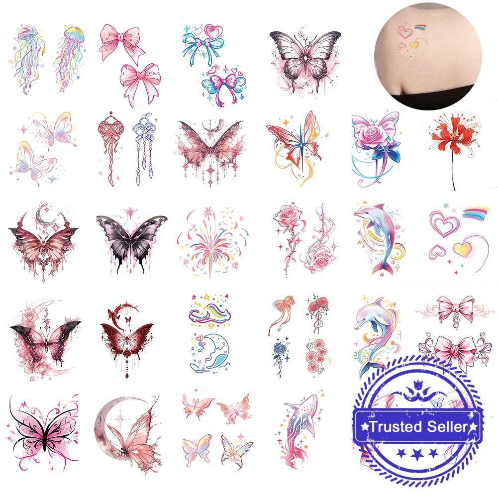 สติ๊กเกอร์รอยสักผีเสื้อและโบว์สีสันสดใส สติ๊กเกอร์ชั่วคราว รอยสักน่ารัก V6