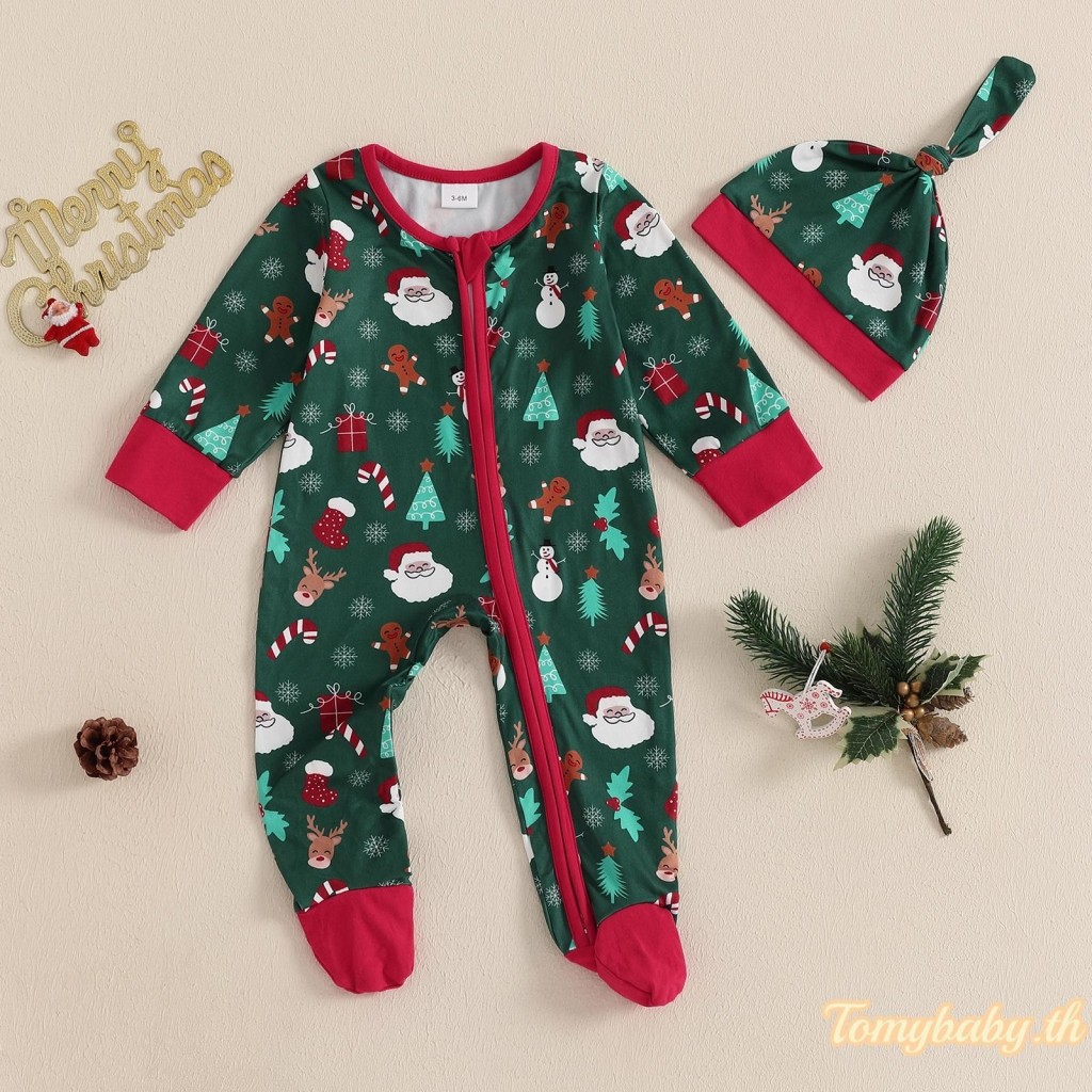 Tomybaby-ชุดจั๊มสูทพิมพ์ลายคริสต์มาสสําหรับเด็ก Zip Up Footie ชุดรอมเปอร์แขนยาวคอกลม + ชุดหมวก