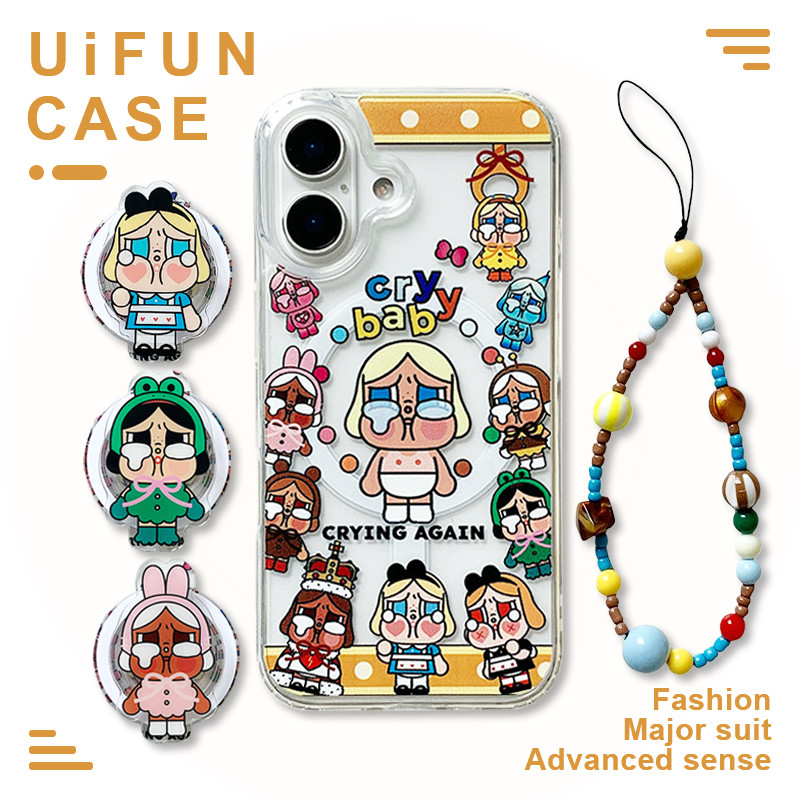น่ารัก Popmart Crybaby Girl Magnetic Holder ไร้สายชาร์จเคสโทรศัพท์สําหรับ iPhone 16 15 Plus 14 13 12 Pro Max 11 พร้อมโซ่กันกระแทกอะคริลิคมือถือปลอก