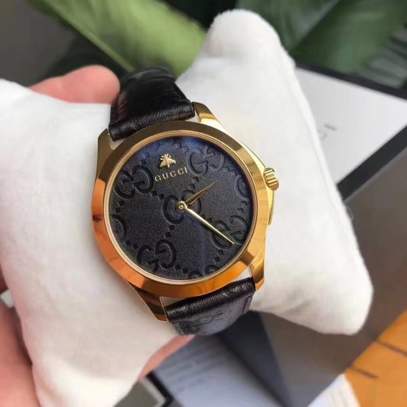 นาฬิกาผู้หญิง GUCCI นาฬิกาข้อมือ สายหนัง สีดํา สไตล์เกาหลี คลาสสิก สําหรับผู้หญิง