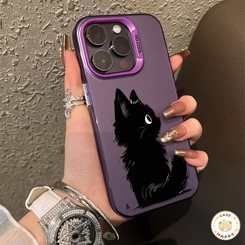 น่ารักแมวดำการ์ตูนเลนส์โลหะชุบ เคส OPPO A16 A58 A15 A7 A31 A17 A12 A38 A78 A18 A54 A74 A53 A76 A55 A57 A5s A77 A17K A3s