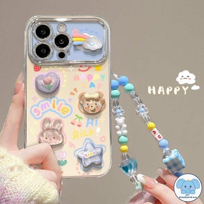 หมีน่ารักดอกไม้เข้ากันได้เคสไอโฟน11 17 AIR 16 15 13 12 14 Pro Max 15 7 8 16 Plus XR XSกระต่ายเชอร์รี่รักหัวใจสร้อยข้อมือ