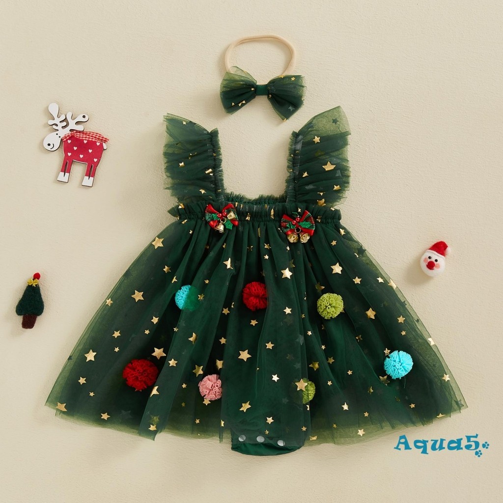 Aqq-เด็กทารกrompersชุดคริสต์มาสเสื้อผ้าbobbles Bells Decorตาข่ายกระโปรงMhemแขนกุดBodysuitsแถบคาดศีรษะ