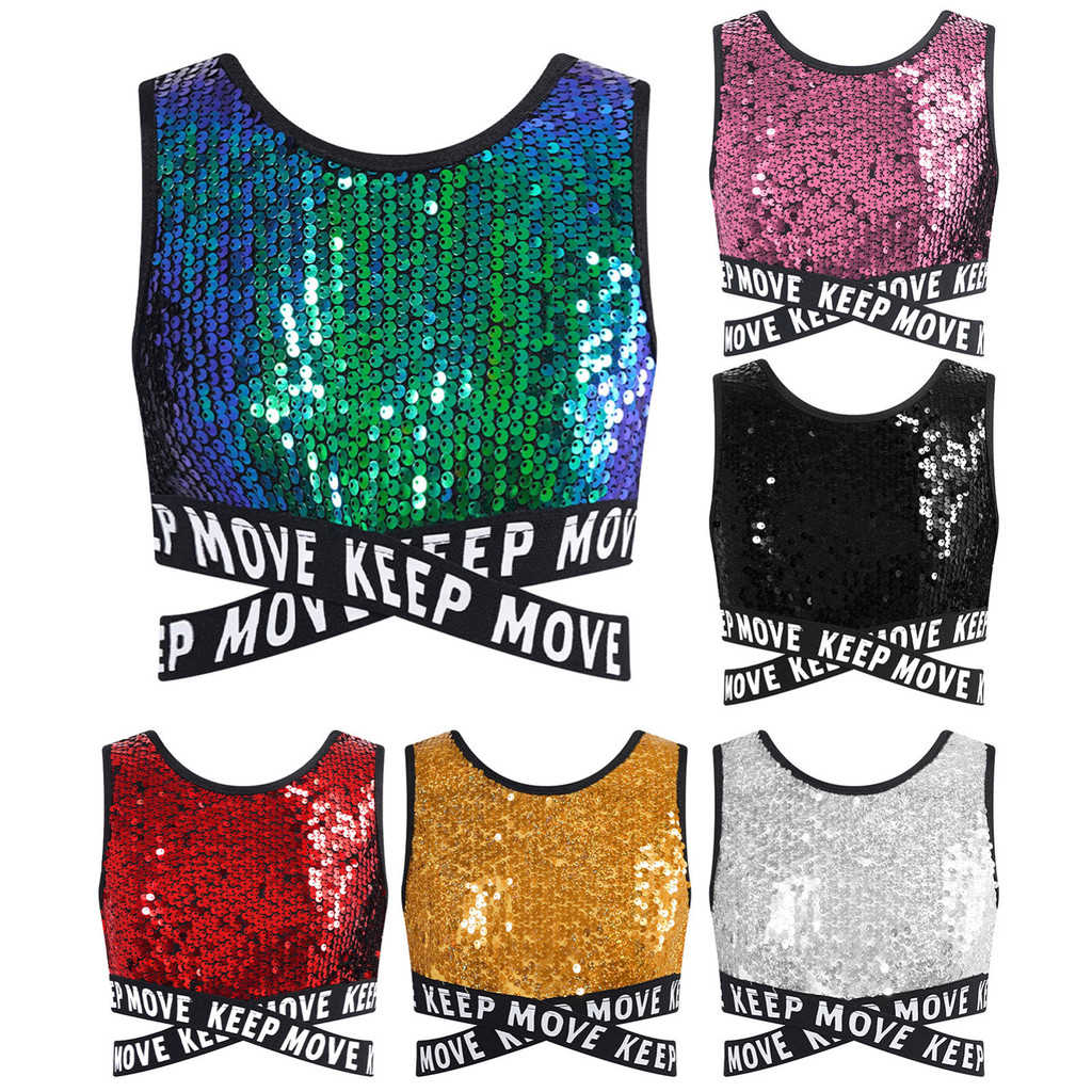 Choomomo เด็กผู้หญิงประกายเลื่อมแขนกุดรอบคอ Criss-cross Waistline Crop Top สําหรับเต้นรําเต้นรํา Hip-hop