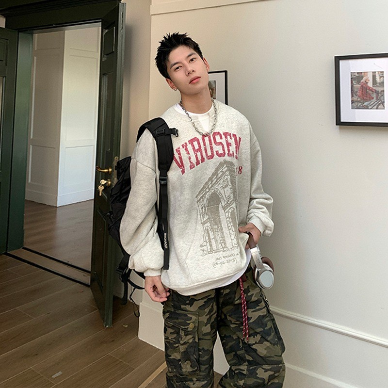 2024ใหม่ฤดูใบไม้ร่วงคู่เสื้อสวมหัวย้อนยุคผ้าฝ้ายแท้หลวมคอวีพิมพ์เสื้อยืด