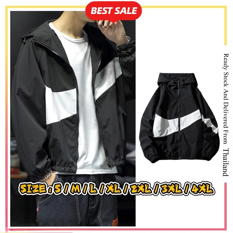 เสื้อแจ็คเก็ตสไตล์เกาหลีและญี่ปุ่นเสื้อมีฮู้ดแขนยาวสุดเท่สําหรับผู้ชายและผู้หญิงสีดําสีเทาสีขาว