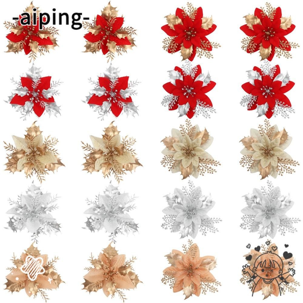 Aiping 12PCS ดอกไม้คริสต์มาสประดิษฐ์, Glitter เลื่อมดอกไม้ปลอม, Handmade DIY 12/15 ซม.จําลอง Poinsettia ดอกไม้งานแต่งงานตกแต่ง