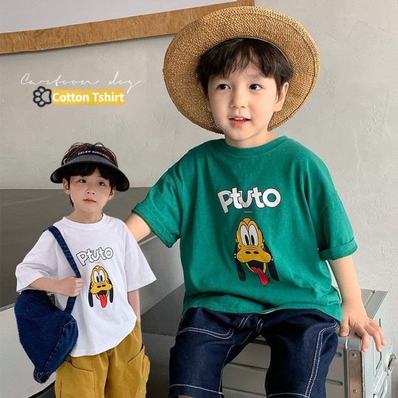 Boy Tops (30-40 กก.) ผ้าฝ้าย 100% แขนสั้นพิมพ์เสื้อยืดหลวมสบายๆ T เสื้อสไตล์เกาหลีแฟชั่นเด็กสวมใส่