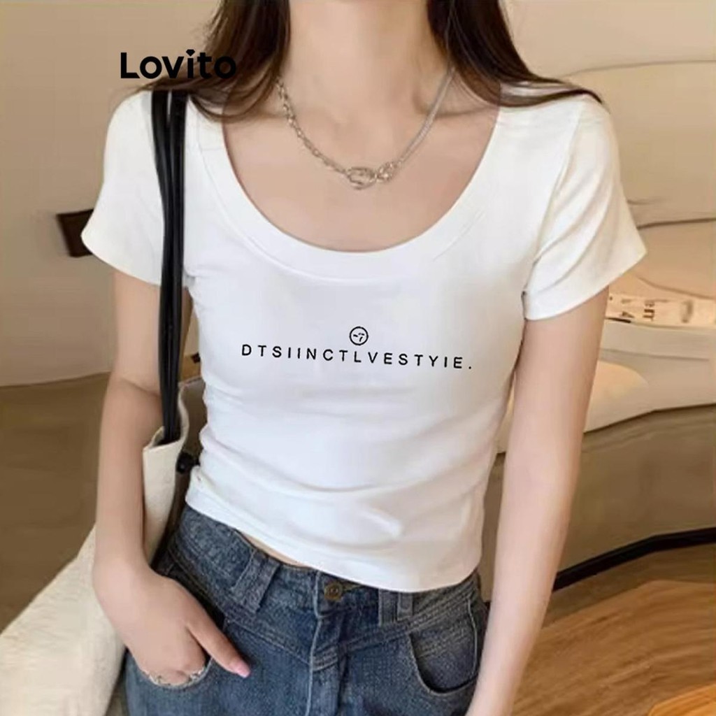 Lovito เสื้อยืดผู้หญิง มีลาย สีพื้น สไตล์ลำลอง LNA69218