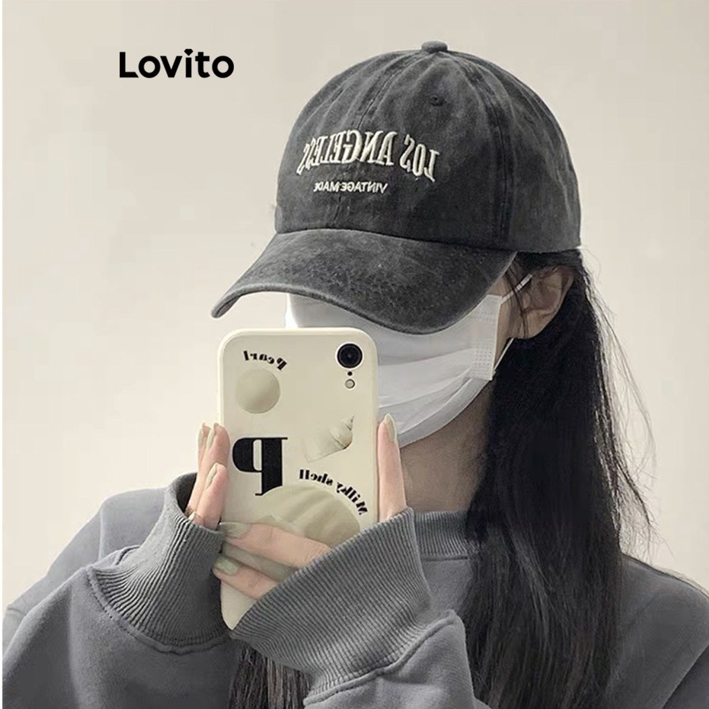 Lovito หมวกสตรี หมวกลำลอง ลายตัวหนังสือ เบสิก สำหรับสตรี LFA03025 (สีเทาเข้ม/สีน้ำเงินเข้ม)