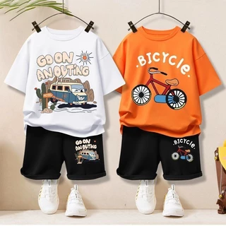 ชุดเด็กผู้ชาย 2025 เสื้อผ้าฤดูร้อนใหม่ ชุดเสื้อยืดแขนสั้น สไตล์ฤดูร้อนสำหรับเด็ก