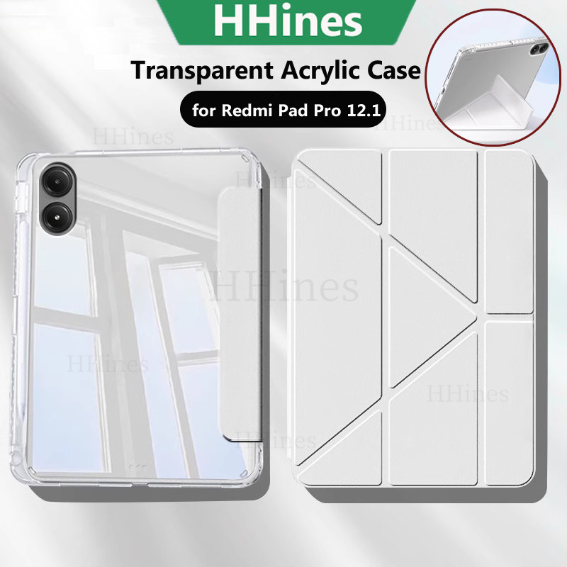 HHines สําหรับ Xiaomi Redmi Pad Pro 12.1 นิ้ว 2024 สําหรับ Xiaomi Poco Pad 5G 2024 12.1 Y-folded Stand Hybrid ทนทานโปร่งใสอะคริลิคกรณีพร้อมที่ใส่ดินสอ