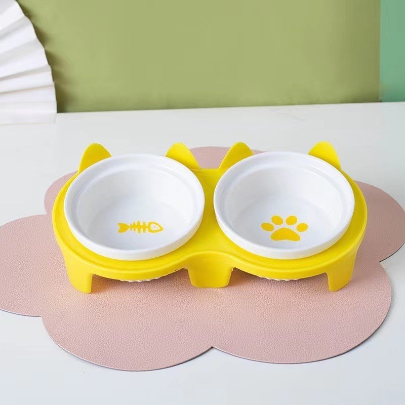 ชามแมวเซรามิกชามคู่ชามน้ําป้องกันกระดูกสันหลังส่วนคอสูงฟุตเฉียงแมวชามอาหารชามดื่มชามสัตว์เลี้ยงอุปกรณ์สัตว์เลี้ยง - รูปที่ 3