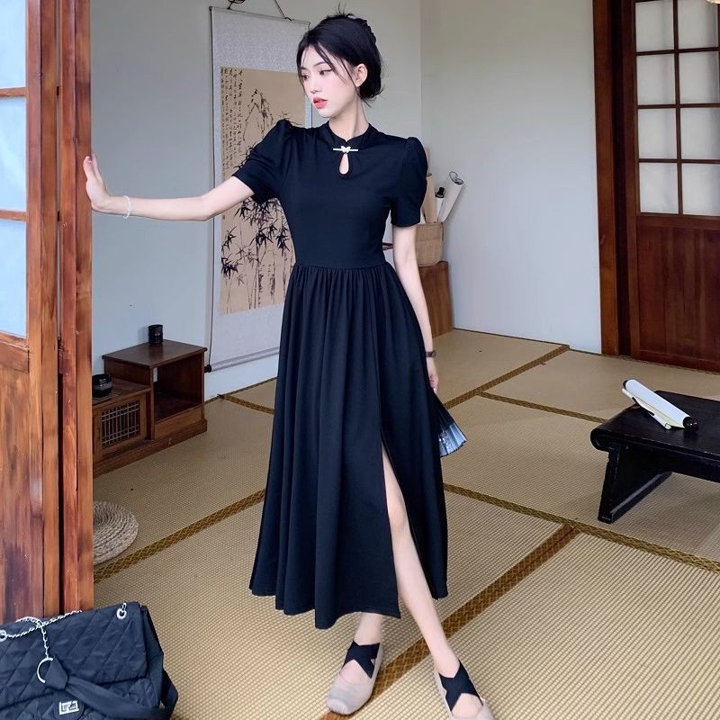 2025 เสื้อผ้าผู้หญิงสไตล์ใหม่สไตล์จีนใหม่ Retro สไตล์จีนชุดฤดูร้อนแคบ-เอวชุดสีดําเล็กๆ Slimmer ดูกระโปรงระดับไฮเอนด์ Huanguan ทอผ้า Xi CGOF