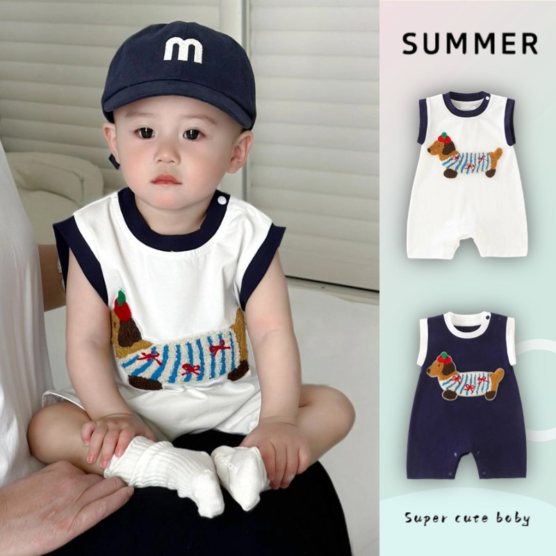 ฤดูร้อนใหม่เสื้อผ้าเด็กทารกชายและหญิงบางแขนกุดบอดี้สูท 0-24 เดือนนุ่มและเป็นมิตรกับผิวสุดน่ารักการ์ตูนลูกสุนัข ชุดรอมเปอร์ สไตล์เกาหลี