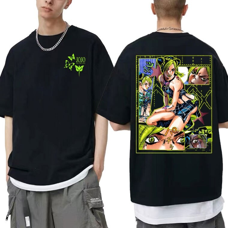 อะนิเมะ JoJo Bizarre Adventure Jolyne Jolyne Cujoh เสื้อยืดแขนสั้นผู้ชายการ์ตูน Harajuku เสื้อยืดผู้
