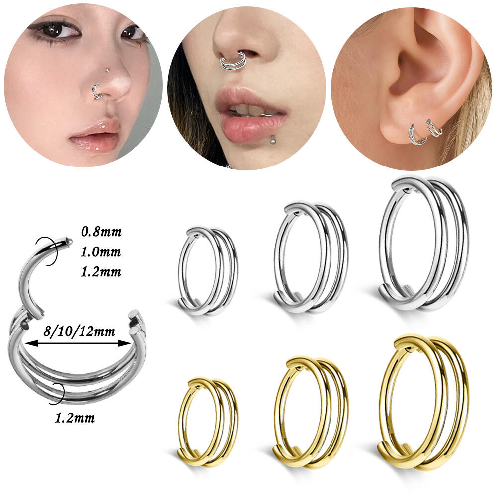 1PC 16G/18G/20G แหวนจมูกสแตนเลส Hoop ต่างหู Double Layer เจาะจมูก Septum แหวน 8/10/12 มม. Helix กระดูกอ่อนเจาะรอบต่างหู