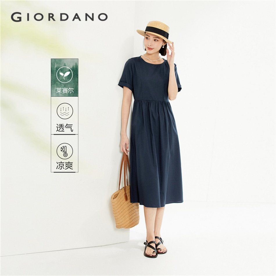 GIORDANO WOMEN Crewneck rolled-cuff short sleeve dress 05465343