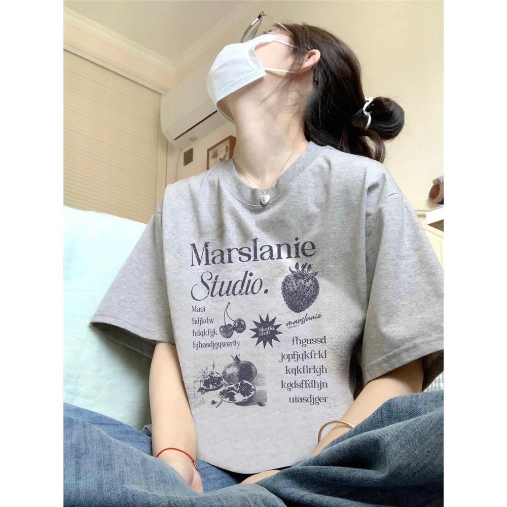 เกาหลี ผ้าฝ้าย100% เสื้อยืดแขนสั้น Oversize CMDXY7227 ผู้ชาย ผู้หญิง ลายทาง ตัวอักษร การ์ตูน หลวม ฤดูร้อน ฤดูใบไม้ผลิ