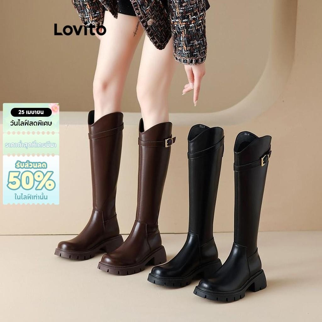 Lovito ลําลองธรรมดาสไตล์อังกฤษอเนกประสงค์หนาทําให้เท้าของคุณslimmerยาวหลอดแฟชั่นbootสําหรับผู้หญิง LFA62301