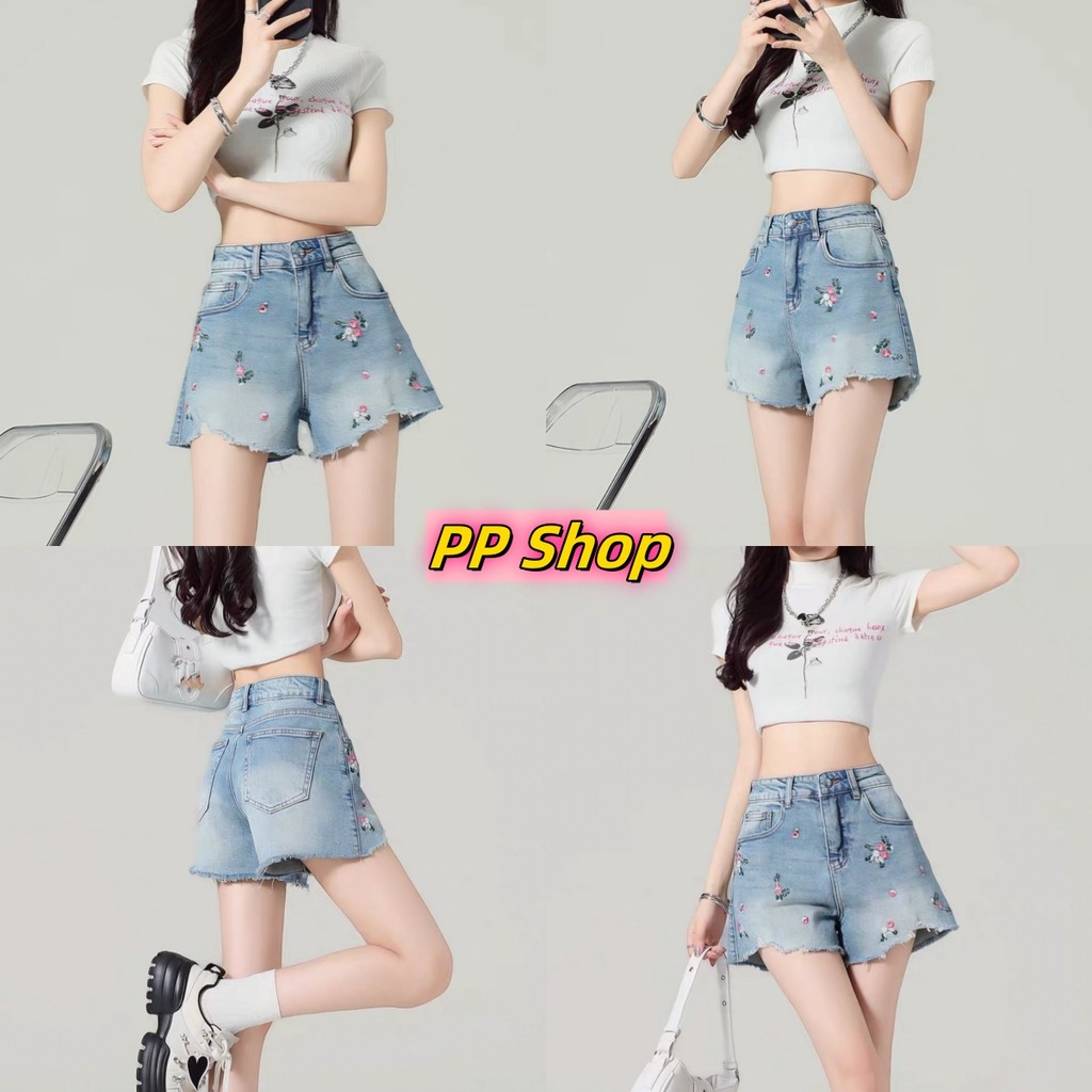 💜PP Shop​💜พร้อมส่ง กางเกงยีนส์ขาสั้น เอวสูง กางเกง ดีเทลปักลายดอกไม้สองสี น่ารักมาก ใส่สบาย ทรงสวย ก