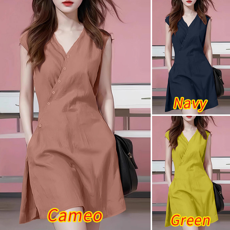 ZANZEA กระโปรงสไตล์เกาหลี ตัดแบบ A-Line มีกระเป๋าถังขนาดเล็กและปุ่มเอียงที่คอกลมย่นเรียบหรู - รูปที่ 2