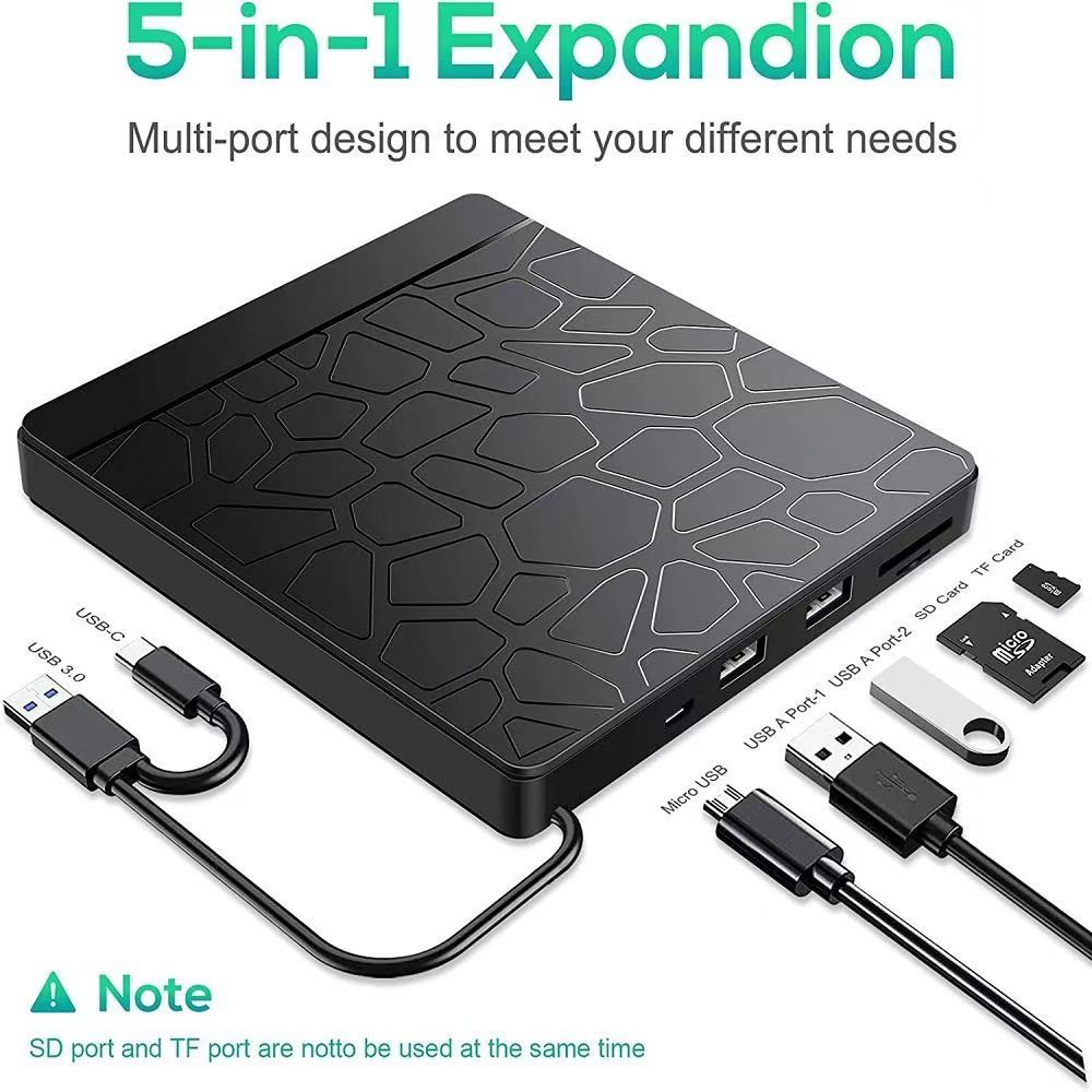 ไดรฟ์ DVD ภายนอก, USB 3.0 DVD Burner ภายนอก USB C CD +/-RW ไดรฟ์ DVD Reader และ Writer พร้อม 2 USB แ
