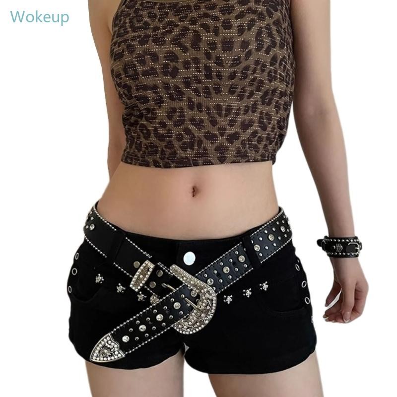 Wake Fashion ผู้ที่ชื่นชอบเข็มขัด PU สําหรับเข็มขัดเอวหญิงกางเกงพร้อมหัวเข็มขัด Rhinestones