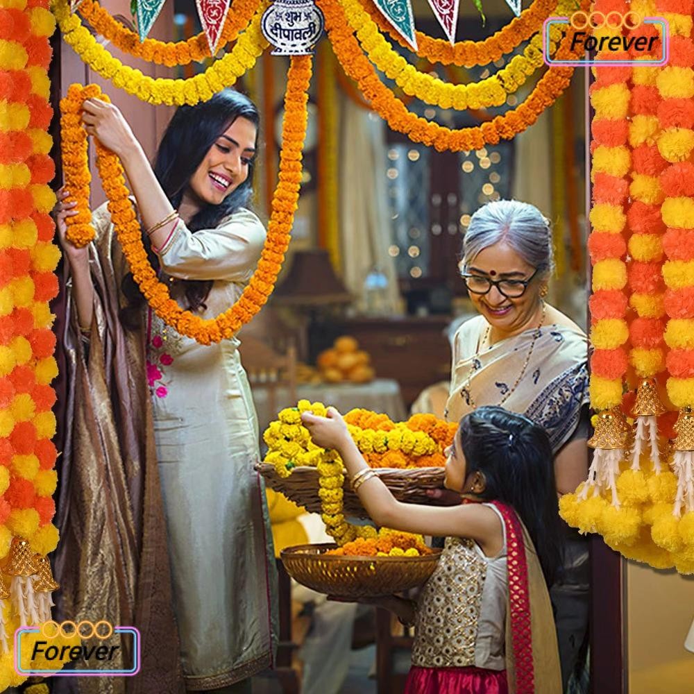 Forever Marigold Garland, Long Strands ประดิษฐ์ 1.5m Marigold Flower Garlands, Pouja Diwali Fiesta อินเดีย Décor เหตุการณ์ตกแต่งพืชปลอมสําหรับวันฮาโลวีนของ Dead