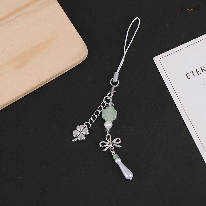 [PE] พวงกุญแจมีสไตล์เชือกเส้นเล็กลูกปัดงานฝีมือจี้โทรศัพท์โคลเวอร์สี่ใบโซ่โทรศัพท์ลูกปัดจี้ TH