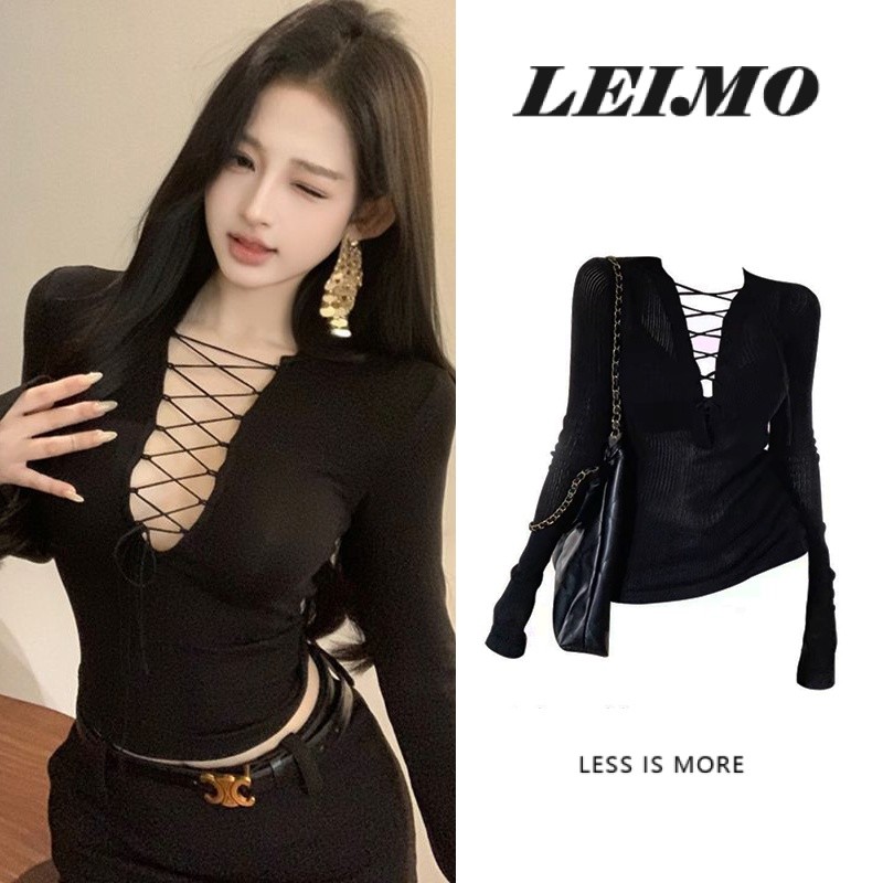 เสื้อตัวในแขนยาวสายรัดคอวีสีดำเสื้อตัวในแบบรัดรูปแบบสั้นสำหรับช่วงต้นฤดูใบไม้ร่วง