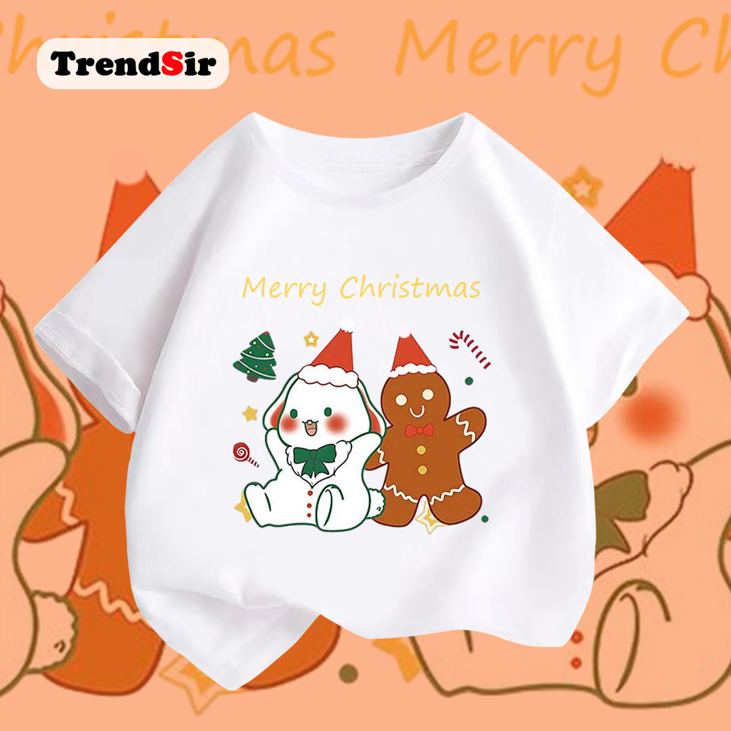TrendSir พร้อมส่ง เสื้อยืดคอกลมเด็กผ้าฝ้าย ชุดเด็ก ผญ Christmas คุกกี้ขิง 100%cotton 7สี 100-140