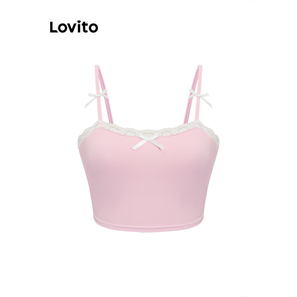 Lovito เสื้อกล้ามลูกไม้โบว์ธรรมดาสำหรับผู้หญิง L106AD317
