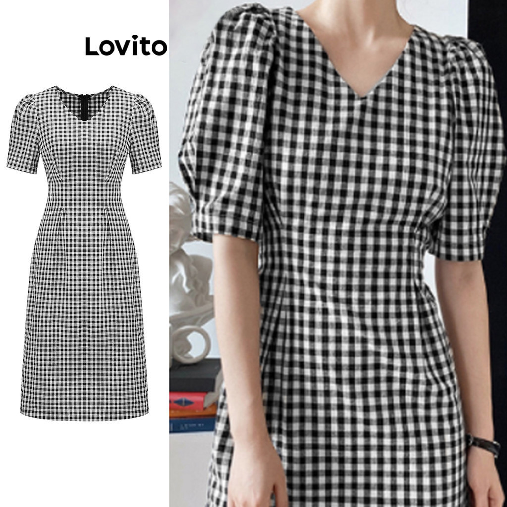 Lovito สไตล์น่ารัก ลายตารางกิงแฮม คัลเลอร์บล็อก เดรสผู้หญิง L88AD148
