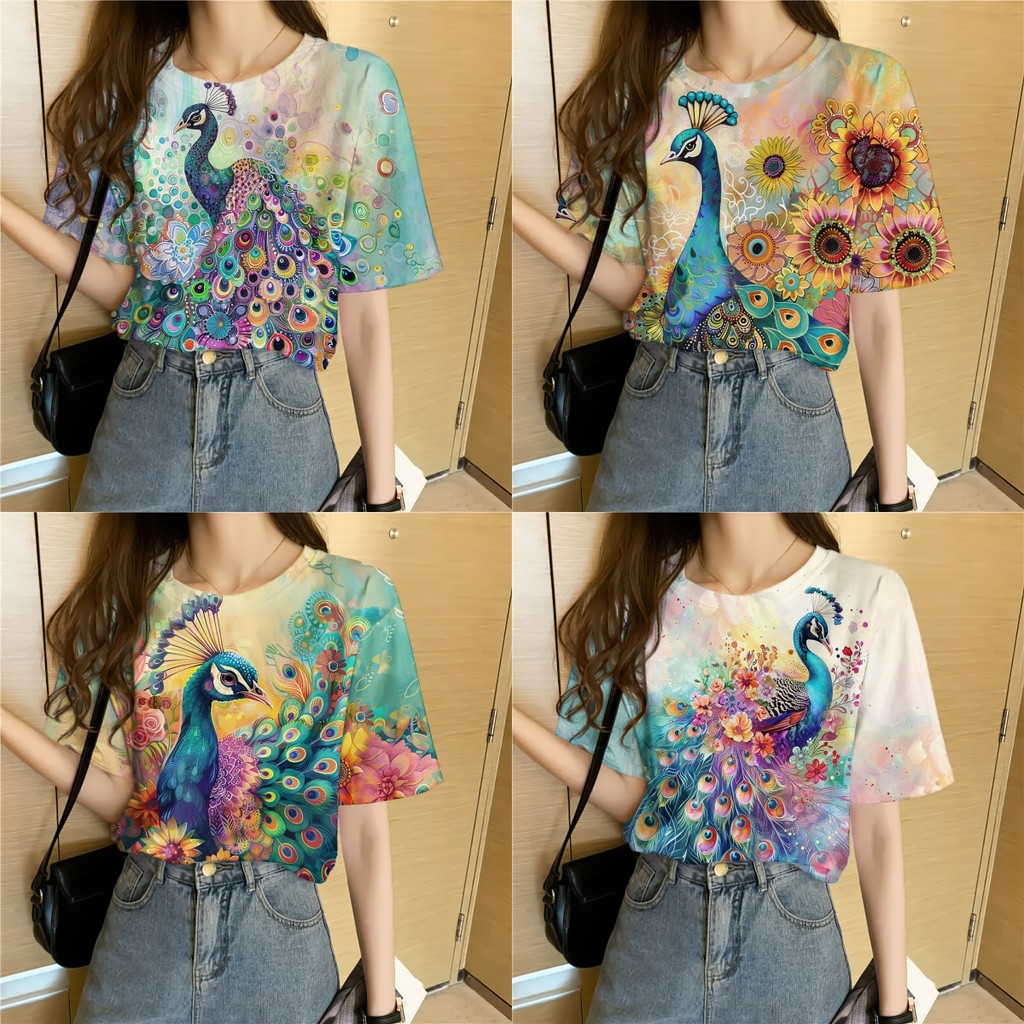 ท็อปส์ซูผู้หญิง 2568 รูปแบบนกยูงที่สวยงามเสื้อผู้หญิงพิมพ์เสื้อยืดขนาดใหญ่แขนสั้นเสื้อยืดสบายๆหลวมนกยูงเสื้อยืดที่มีคุณภาพสูงนุ่มสบายผ้