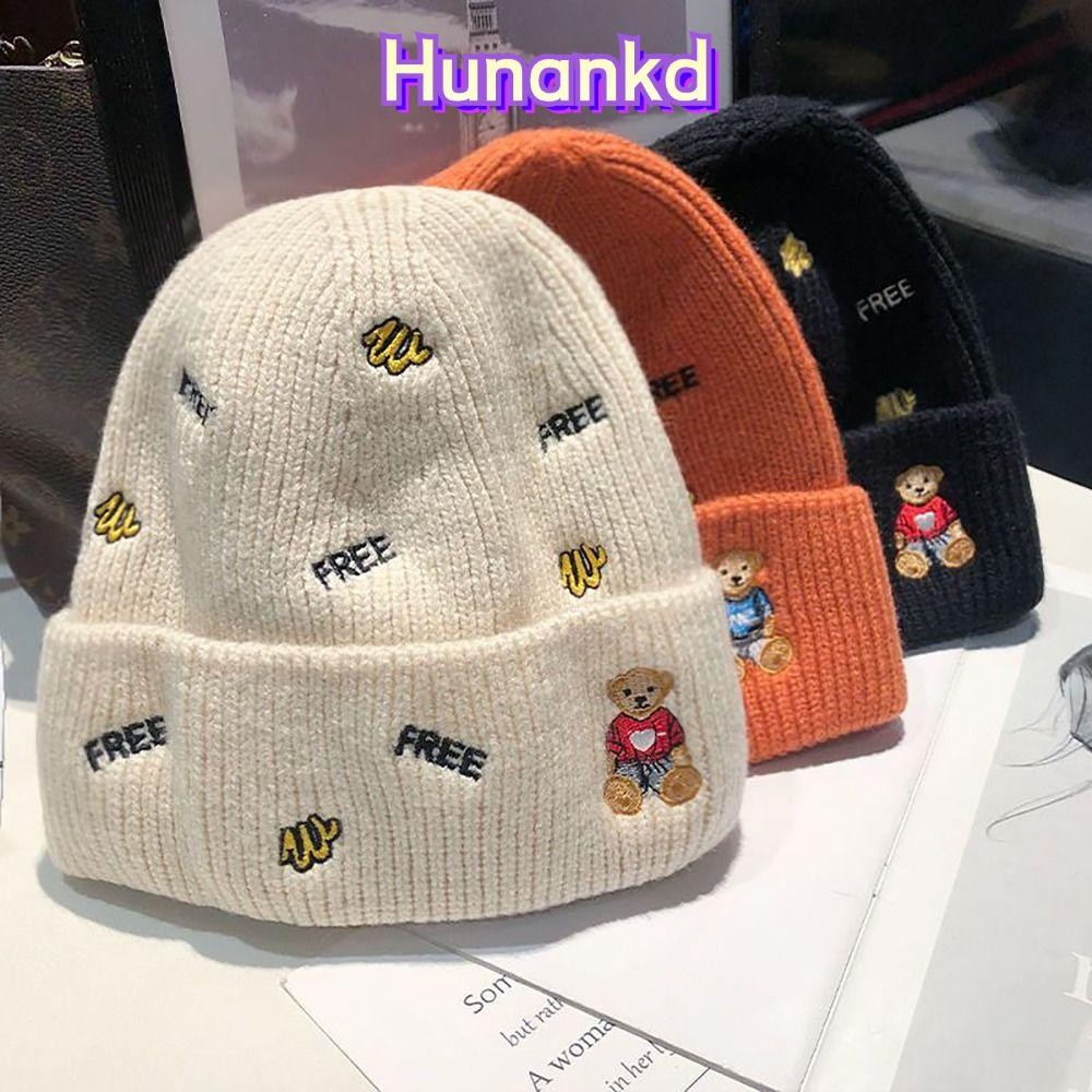 Huan หมวกไหมพรมด้ายขนสัตว์ป้องกันหูนุ่ม Thicken หมวกถักสาวฤดูหนาวที่อบอุ่นการ์ตูนหมีหมวกหมวก