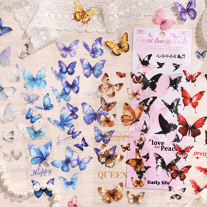 Journamm 6 แผ่นผีเสื้อที่มีสีสันวัสดุ PET ความคิดสร้างสรรค์ Collage Junk Journal DIY Scrapbooking อุปกรณ์ตกแต่งสติกเกอร์