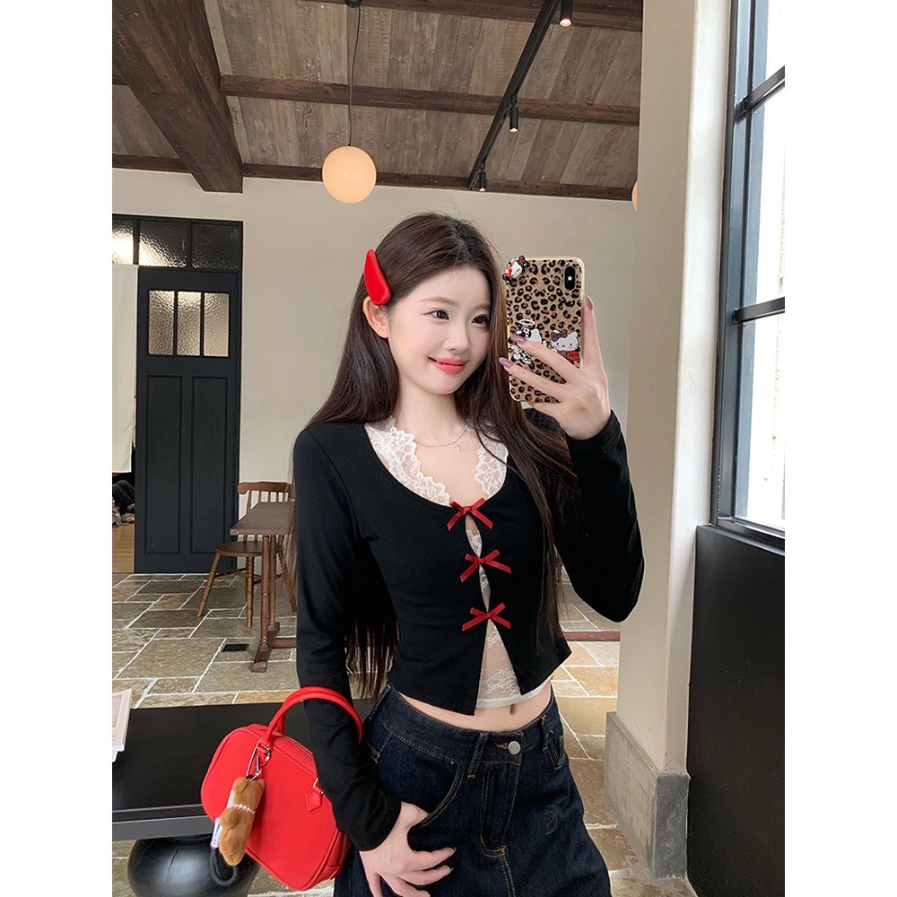 ฤดูใบไม้ร่วงลูกไม้ภายในโบว์เสื้อกันหนาวแขนยาวสีดําผู้หญิงกลวงสั้นด้านบน