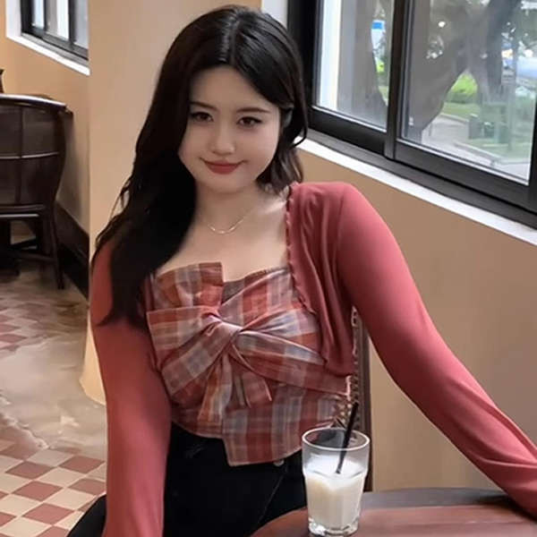 เกาะอก เกาะอกสีขาว เสื้อคาร์ดิแกนทรงหลวมมีสายรัดอกลายสก๊อตสำหรับสาวฮอตหวานไซส์ใหญ่ชุดเสื้อสำหรับสาวอ้วนแบบบางใส่แล้วดูผอมไม่ซ้ำใครสำหรับฤดูร้อน
