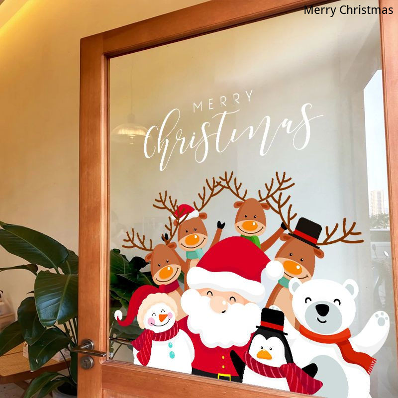 สติกเกอร์ตกแต่งคริสต์มาสการ์ตูนฉากปีใหม่ตกแต่งร้านค้าสติกเกอร์หน้าต่างซานตาคลอสสติกเกอร์ประตูกระจกไฟฟ้าสถิต