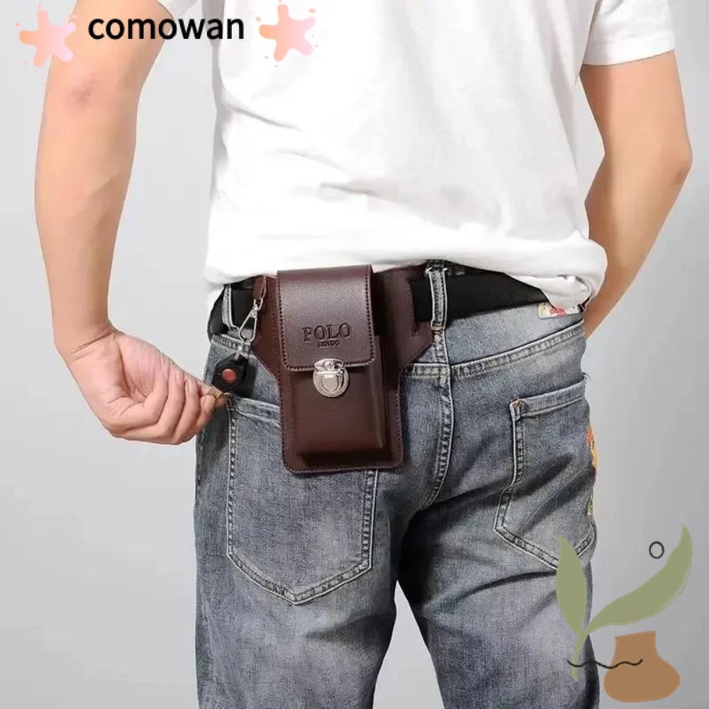 Comwan เข็มขัดหนังผู้ชาย, กระเป๋าคาดเอวโทรศัพท์ PU สีทึบ, กระเป๋าใส่บัตร