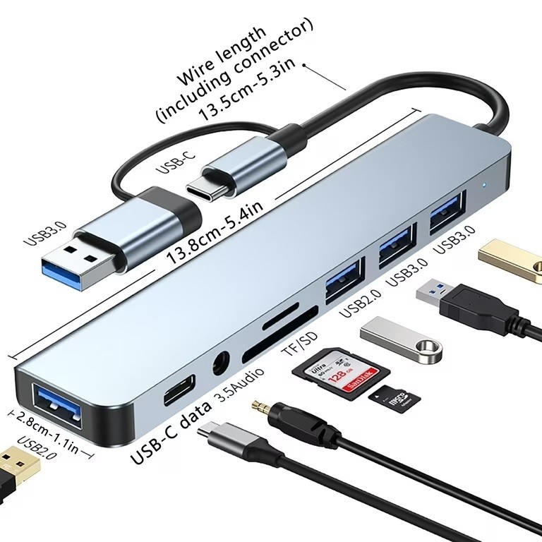 USB type C combo 8in1 usb 4 port hub + sd + เครื่องอ่านการ์ด tf + type c + audio 3.5 type c hub พร้อ