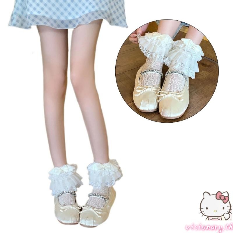 Vision Princess Tiered Lace Ruffle ถุงเท้าน่ารัก Bowknot Wing Frilly ถุงเท้าข้อเท้าสําหรับผู้หญิง