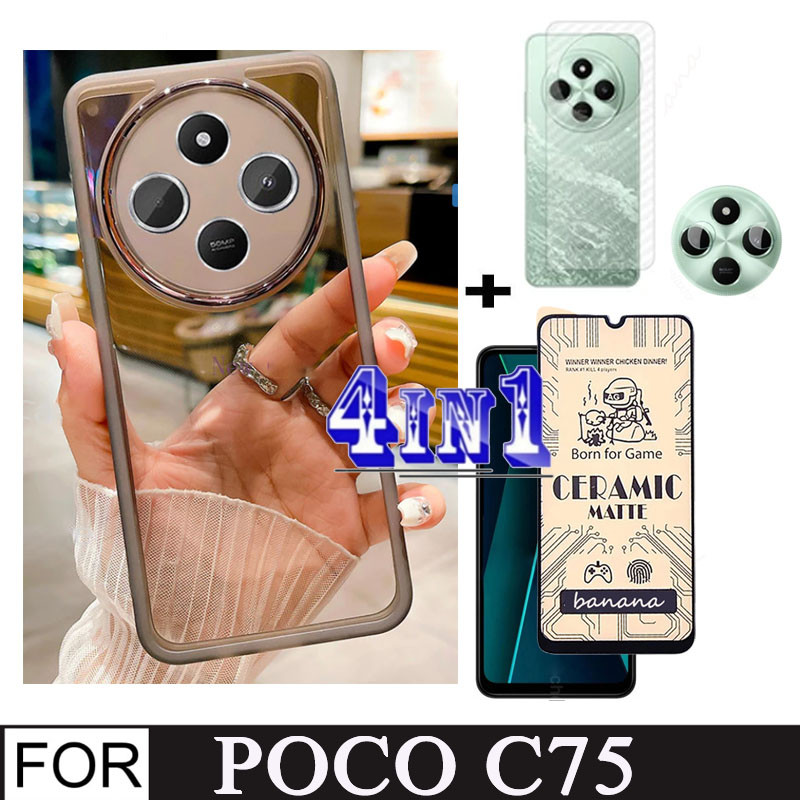 Poco C75 พร้อมเลนส์ป้องกันซิลิโคนกันลื่นเคสโทรศัพท์สําหรับ Xiaomi POCO C65 C61 4 in 1 เซรามิคฟิล์มกระจกนิรภัยและฟิล์มด้านหลัง