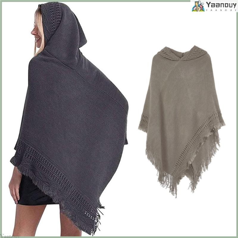 Yaa ผู้หญิงฤดูหนาวถัก Hooded Poncho Cape โครเชต์ Fringed พู่ผ้าคลุมไหล่เสื้อกันหนาว