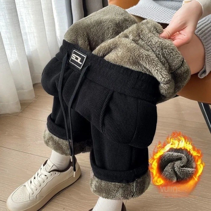 ขนแกะหนาพิเศษหนากางเกงขากว้างผู้หญิงฤดูใบไม้ร่วงฤดูหนาวสไตล์ใหม่ลําลองหลวมดูกางเกงตรงสูง - รูปที่ 4