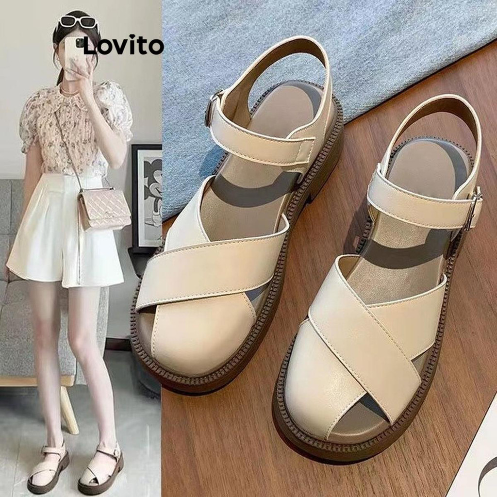 Lovito รองเท้าแตะแบบเรียบสบาย ๆ ไขว้การกันลื่นรองเท้าแตะส้นแบนสำหรับผู้หญิง LFA47094