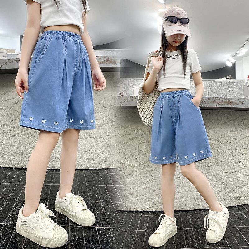 กางเกงยีนส์ทรงหลวมสำหรับเด็กกางเกงขาสั้น Tencel แบบบางสำหรับฤดูร้อน