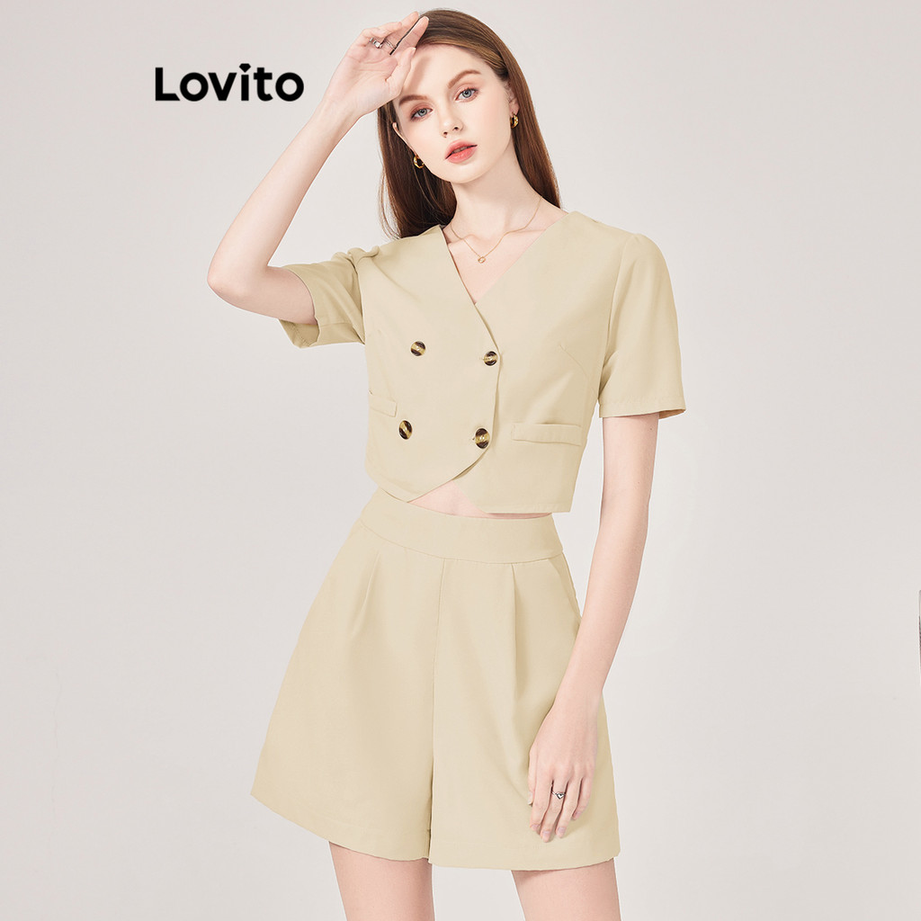 Lovito กระเป๋ากระดุมธรรมดาแบบสบาย ๆ กระเป๋าเสื้อครอปด้านบนหรือด้านล่างสำหรับผู้หญิง L71ED122